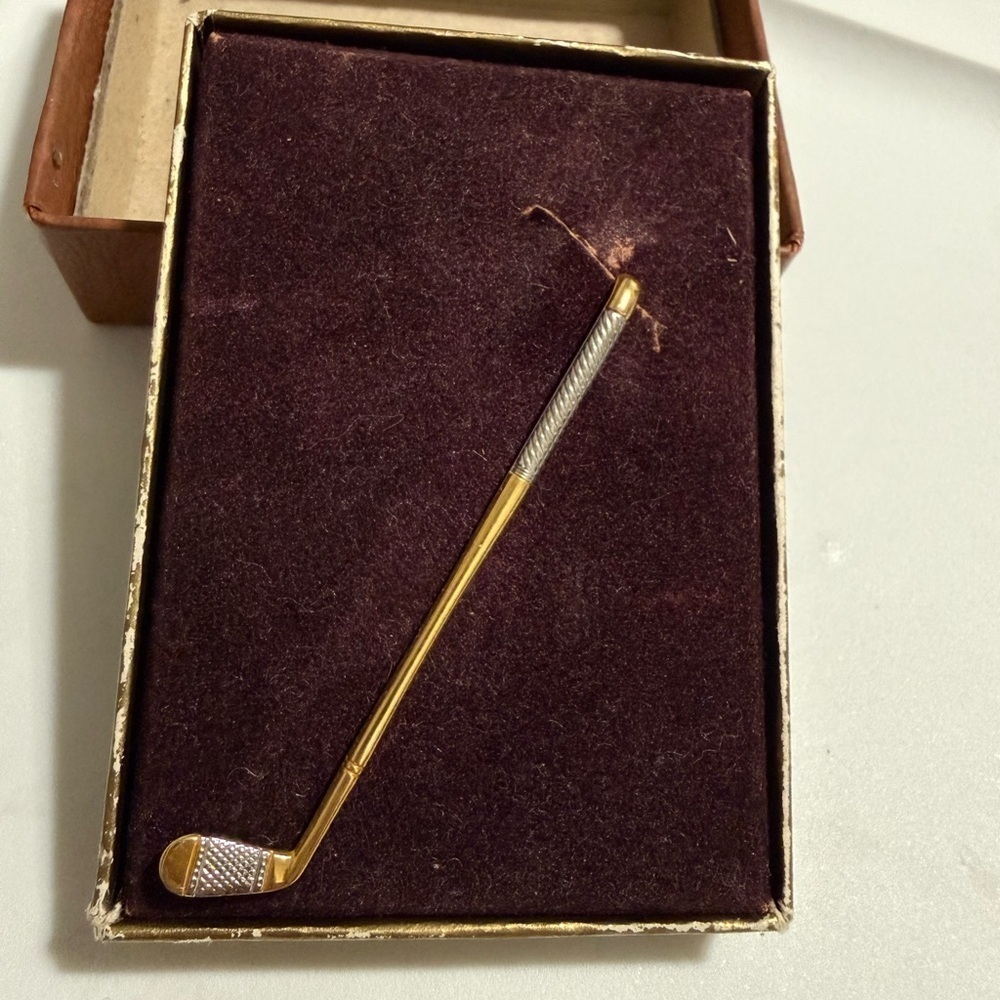 Vintage Gold Tone Golf Club Tie Clip Tie Bar w/ Original Box